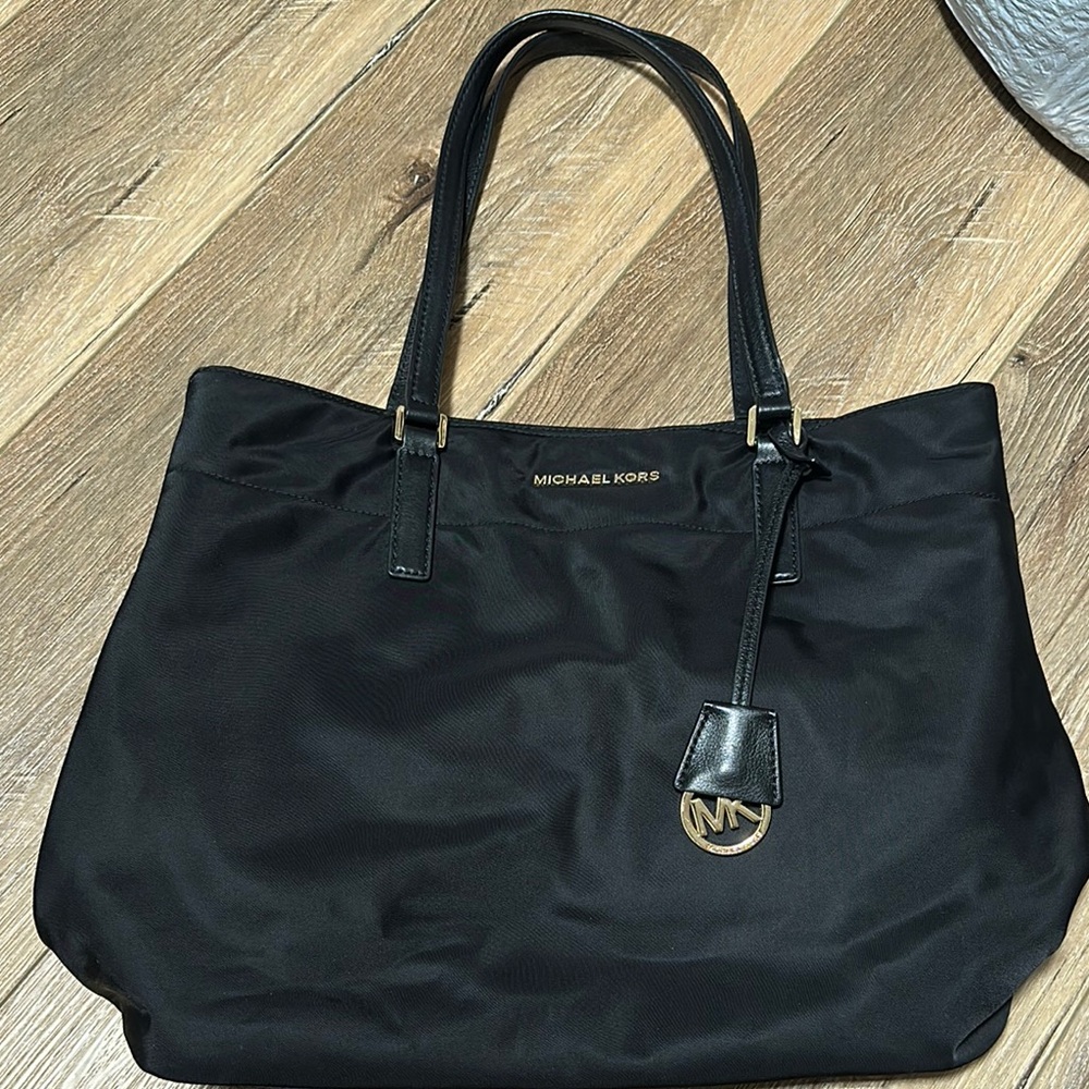 Michael Kors Black and Gold Tote Bag with Glossy Finish